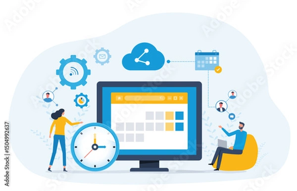 Fototapeta Flat vector illustration design Business planning concept and Business people team working with digital online calendar. online work schedule app connect concept