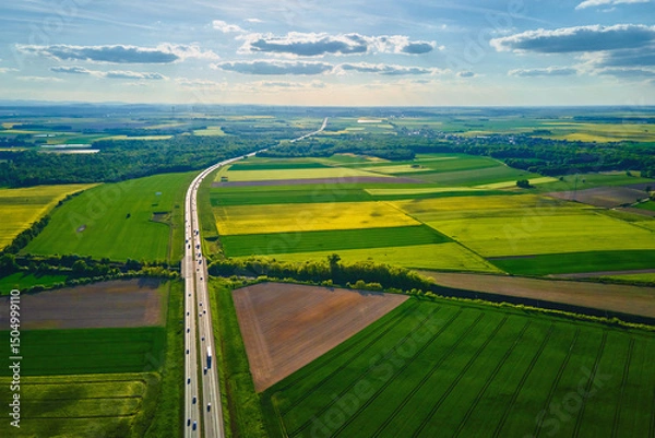 Obraz Aerial view of highway cutting through agricultural fields with blooming rapeseed crops. Transportation infrastructure among natural farmland. Spring countryside landscape