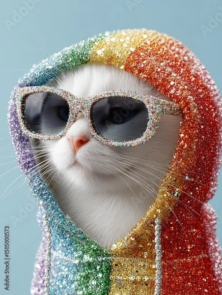 Obraz Weiße Katze mit Glitzer-Sonnenbrille und Regenbogenkapuze