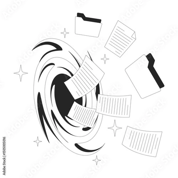 Obraz Files loss line illustration concept. Data corruption. Accidental deletion. Swirling vortex with flying folders and documents outline 2D composition isolated. Ink linear metaphor vector art