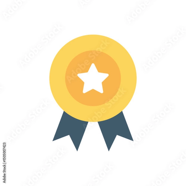 Fototapeta Flat design gold medal with a white star in the center and blue ribbons hanging below. Symbol of achievement, award, recognition, and excellence. Ideal for certificates and success visuals.