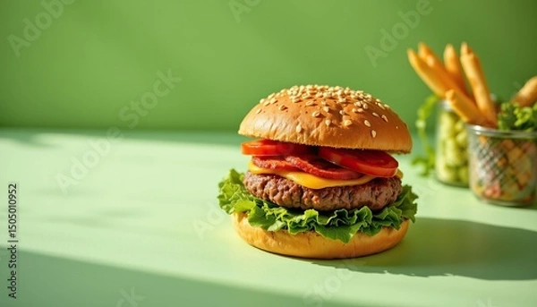 Fototapeta Fresh and Tasty Hamburger with Lettuce, Tomato, and Cheese