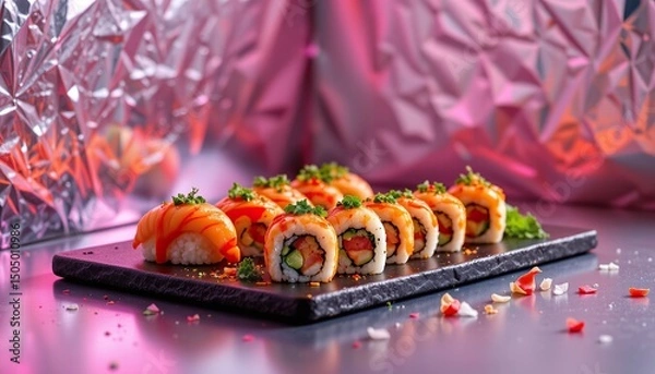 Fototapeta Colorful Sushi Rolls Displayed on Dark Slate Plate with Pink Background