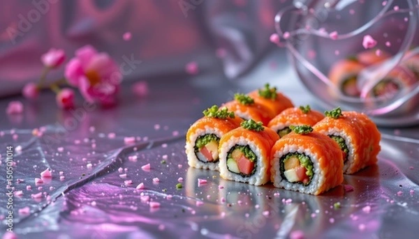 Fototapeta Vibrant Sushi Rolls with Salmon and Fresh Vegetables on Silver Surface