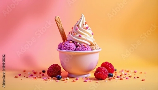 Fototapeta Delicious Ice Cream Cup with Raspberry and Sprinkles on Vibrant Background