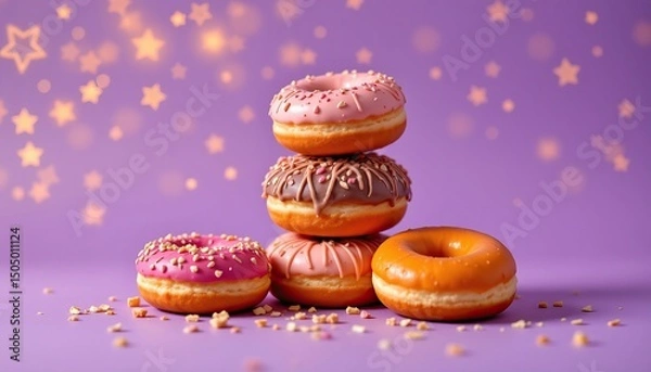 Fototapeta Colorful Donuts Stacked on a Purple Background with Sparkle Effects