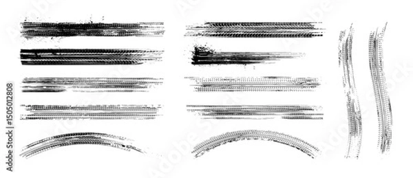 Fototapeta Tire tread patterns, wheel tracks, skidding, braking. Tire tracks - car racing, motocross, drag racing, rally, drift, off-road. Vector monochrome splashes grunge texture. Vector set of wheel treads