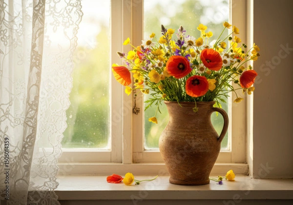 Fototapeta A beautiful bouquet of vibrant wildflowers in a rustic jug by the window.