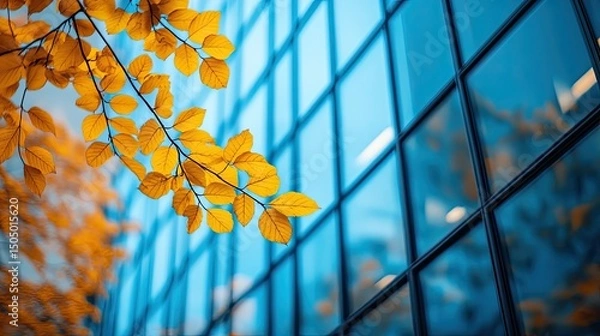 Obraz Autumn leaves on a branch against the blue glass facade of a modern office building in the city