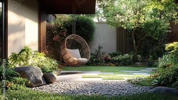 Obraz A tranquil garden scene featuring a hanging chair, lush greenery, and stone pathway details