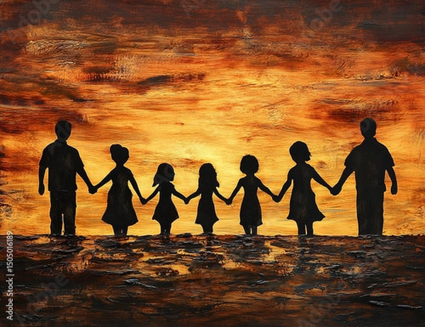 Fototapeta Silhouette of a connected family holding hands at sunset, expressing unity and bonding