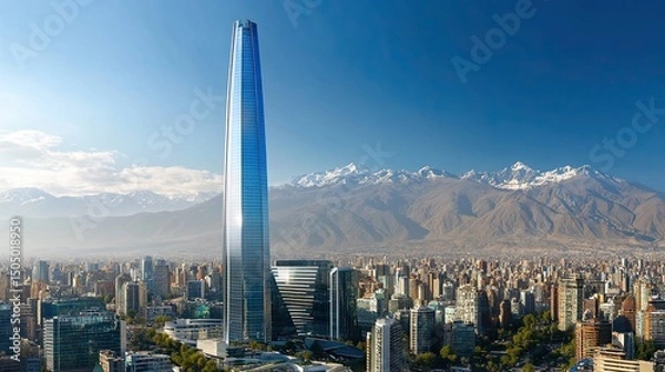 Obraz View of the gran torre santiago skyscraper in chile with the andes mountains in the background