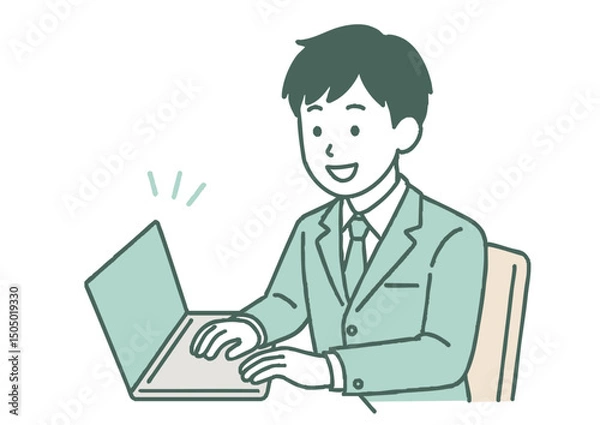 Fototapeta ノートパソコンを使う男子高校生のイラスト