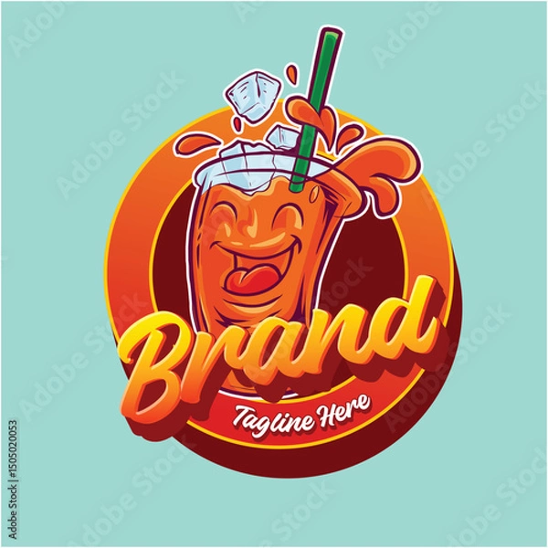 Fototapeta Cheerful Cartoon Beverage Logo with Smiling Face, Straw, and Ice Cubes