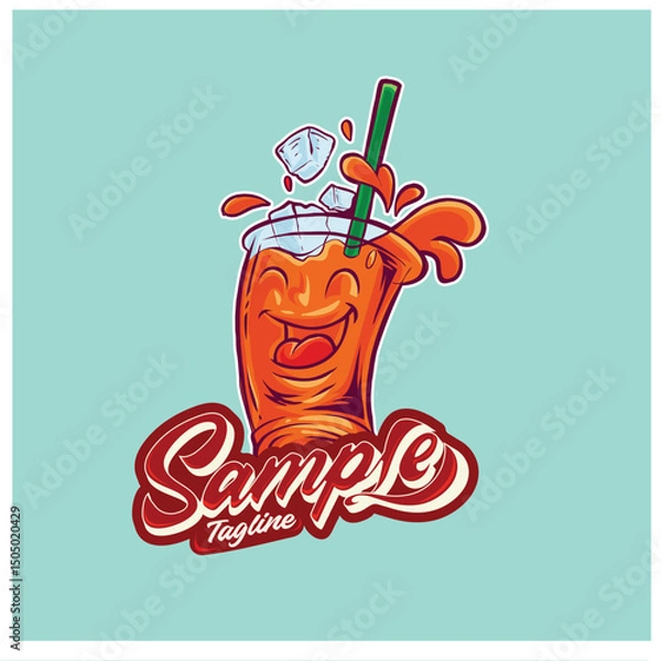Obraz Cheerful Cartoon Beverage Logo with Smiling Face, Straw, and Ice Cubes