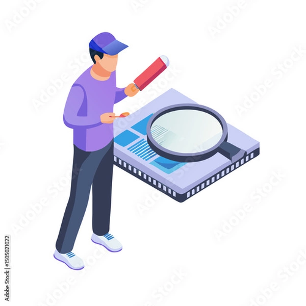 Fototapeta Vector illustration of technician inspecting chip with magnifier, isolated on white background