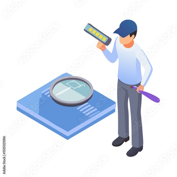 Fototapeta Vector illustration of technician inspecting chip with magnifier, isolated on white background