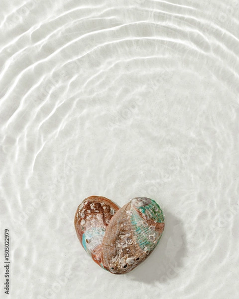 Obraz Two natural seashells forming heart, sea water gentle ripples cast soft, wavy shadows on clean, light-color background, summer, serene, minimalist aesthetic concept. Feelings of love, tranquil