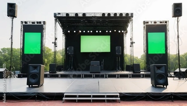 Fototapeta Massive stage with a green screen backdrop and speaker system ready for performance or production.