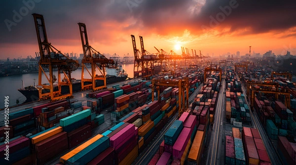 Fototapeta A busy cargo container yard with neatly stacked shipping containers in various colors
