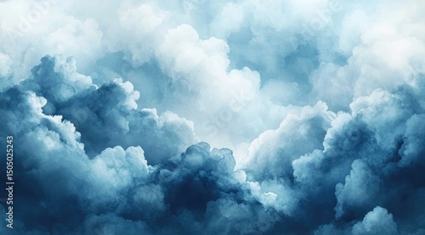 Fototapeta A dramatic, ethereal seascape of swirling, textured clouds in shades of deep blue and white, suggesting a vast, atmospheric expanse