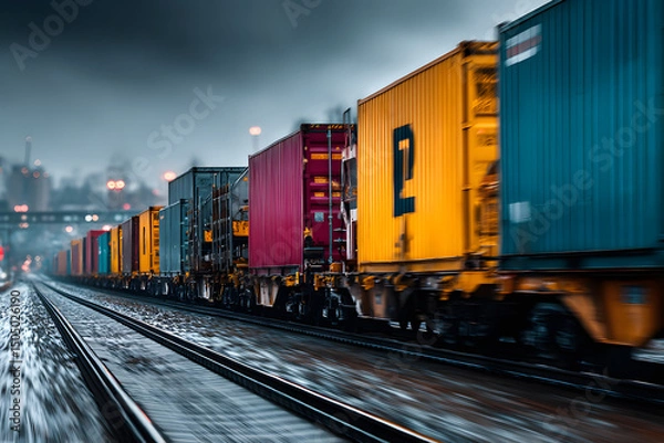 Fototapeta A long freight train carrying multiple containers through an open countryside or industrial zone
