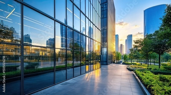 Obraz Urban landscape featuring modern architecture with glass facade and surrounding greenery at dusk time