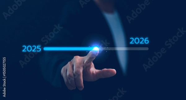 Fototapeta Businessman touch on loading progress from 2025 to 2026, Planning and challenge strategy in new year 2025 Concept. New business startup in 2025. 2025 is loading to 2026, calendar date, end of the year