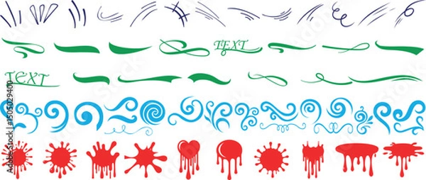 Obraz Abstract decorative line art, swirls, ink splatter, text divider, and heart drip elements. Perfect for design, tattoo, ornament, or comic effects vector illustration with artistic motion style