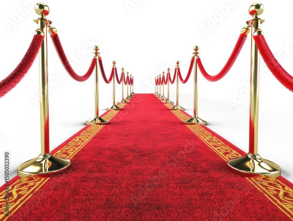 Fototapeta red carpet and velvet rope front view, white background on transparency background