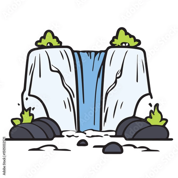 Obraz Waterfall cascading over rocky landscape with small plants. Cartoon illustration of a waterfall cascading down a rocky cliff face, featuring simple, stylized foliage.