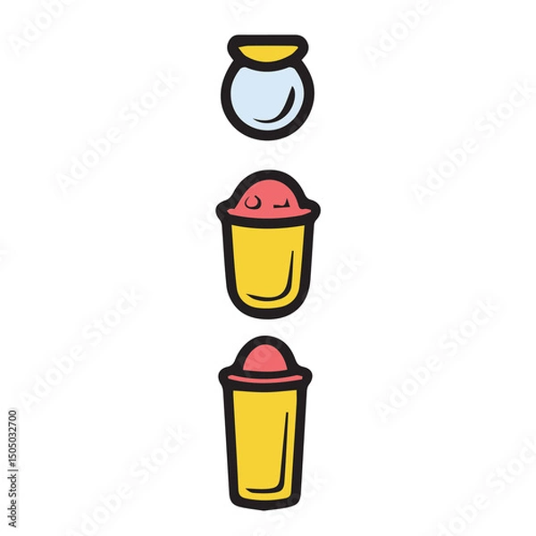 Fototapeta Cartoon depiction of a beverage preparation process with stages of ingredient addition in a takeaway cup. Colorful illustration of the process of making a drink.