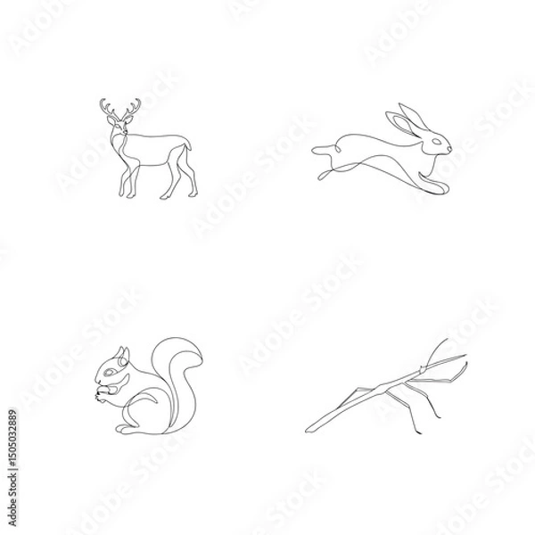 Fototapeta Simple minimalist line drawings of a deer rabbit squirrel and praying mantis set