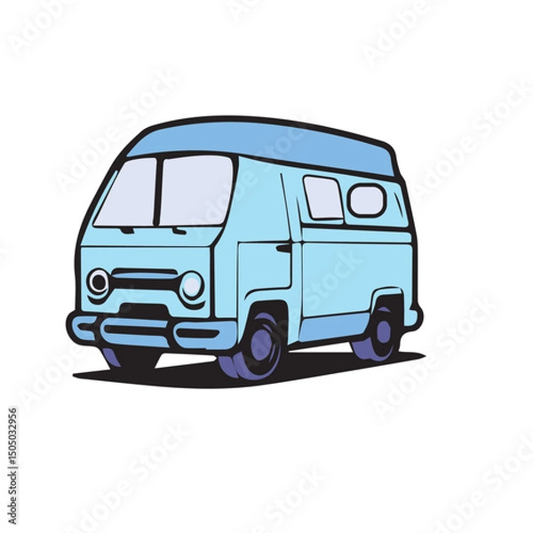 Fototapeta Light-blue vintage van in a simple line art style, front three-quarter view. Cartoonish representation of a vehicle with no specific location, demographic, or professional context.