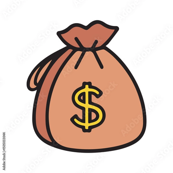 Obraz Money bag with dollar symbol, simple cartoon illustration. Simple money bag with a dollar sign, no specific demographics or professional roles, no specific location, isolated on a white background.