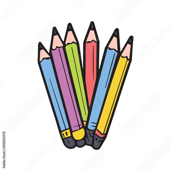 Fototapeta Colorful pencils clustered together in a vibrant display. Collection of assorted colored pencils positioned close together against a plain white background.