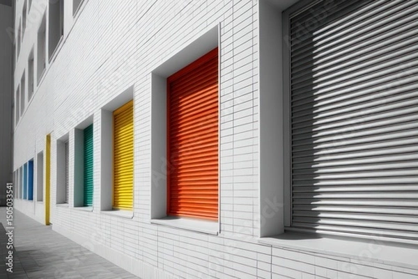 Obraz Brightly colored roller shutters providing lively accents to a plain white facade.