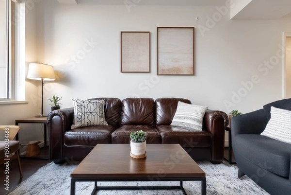 Obraz Modern living room with leather furniture, open wall space for artwork, and minimalistic decor.
