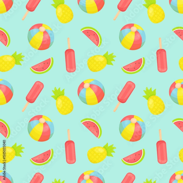 Fototapeta Colorful seamless summer pattern featuring hand-drawn beach balls, watermelon slices, pineapples, and popsicles on a bright aqua background. Hand drawn style