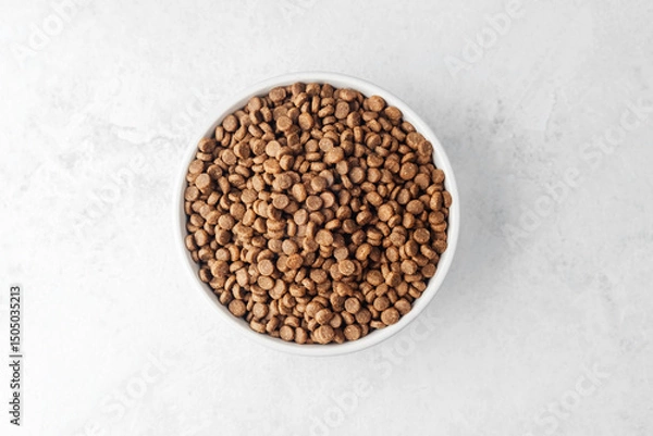 Obraz Bowl of dry dog food placed on white textured background from top view
