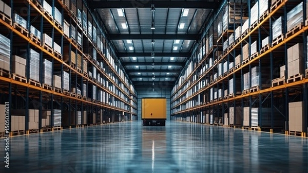 Obraz A view down the aisle of a large warehouse with shelves and a truck at the end of the aisle