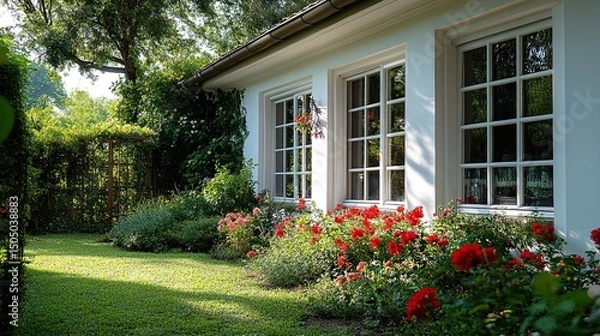 Obraz A charming view of a white house with window boxes filled with vibrant red roses in a lush garden
