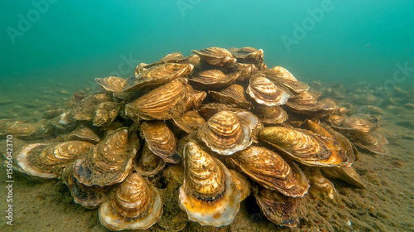 Fototapeta Underwater oyster aggregation, forming a natural reef. Marine ecosystem, biodiversity, and coastal conservation concept. Habitat for sea life.