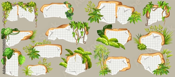 Obraz Game panels in jungle with liana branches and leaves, ivy. Set isolated wooden elements with old paper, with ragged square graph paper, school math sheet. Vector signboards with school page.