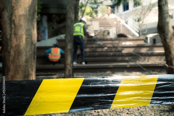 Fototapeta Striped black and yellow safety line stretched out around building renovation area with construction workers on the background