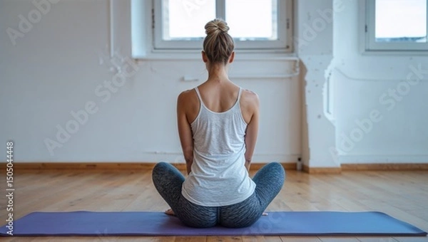 Fototapeta Woman sitting in butterfly pose on a yoga mat viewed from behind in a bright room near windows