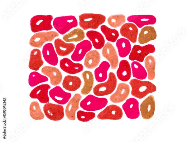 Fototapeta Pattern of uneven spots of rounded shape. Water drops. Spots of different shades of red, pink, peach, brown. Form rectangle. Isolated on white background. Each shape has white highlight. Felt tip.