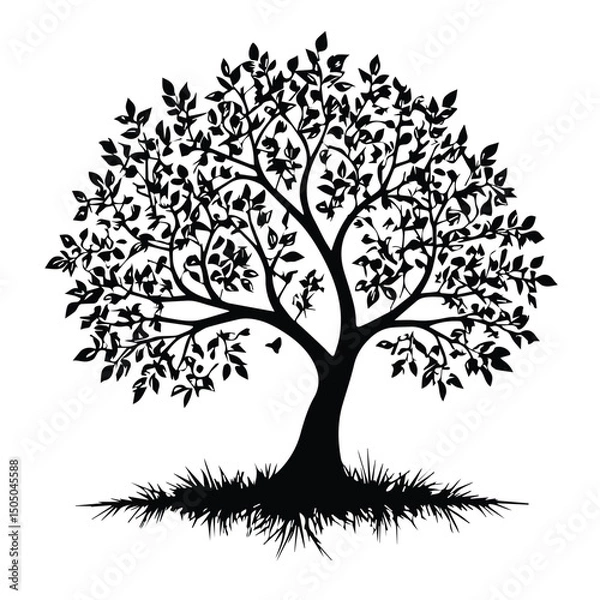 Obraz Black and white stylized tree silhouette with detailed leaves and roots. Silhouette of a tree with a full, lush canopy, roots and surrounding grass, in a simple, decorative design.
