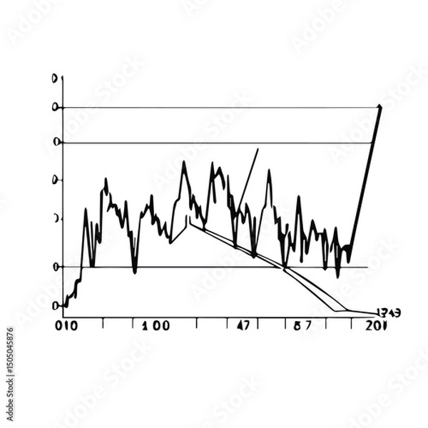 Fototapeta Black and white chart showing fluctuating data points with rising and falling trend lines. Graphical representation of market trends.