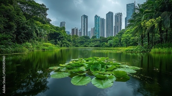 Fototapeta A serene lake with lily pads reflecting the cloudy sky and cityscape in the background view